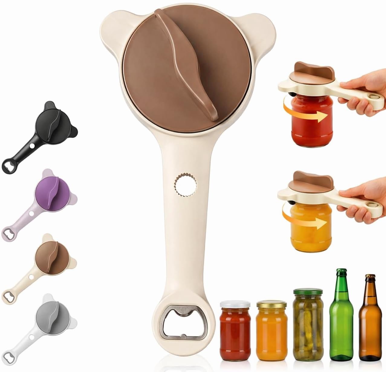 4-in-1 Multi-Purpose Jar Opener – Upgraded Adjustable Three-Claw Bottle Opener with Non-Slip Teeth, Multi-Size Lid Tool for Jars, Cans, Wine Bottles – Essential Kitchen Helper（Brown）