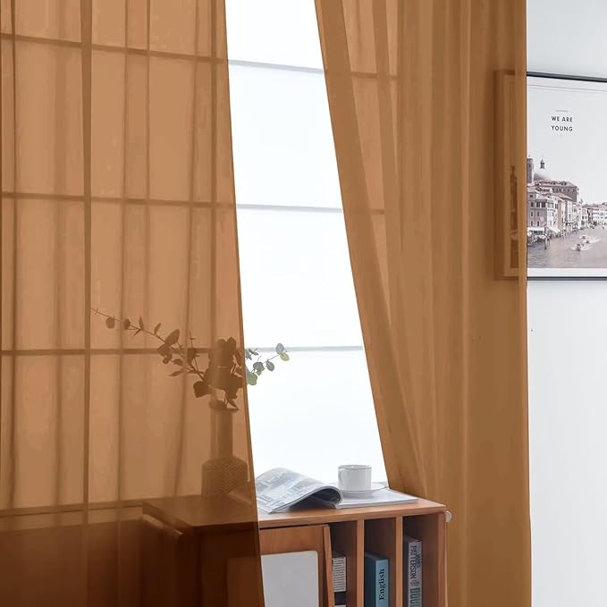 SpaceDresser Basic Rod Pocket Sheer Voile Window Curtain Panels Light Brown 1 Pair 2 Panels 52 Width 90 Inch Long for Kitchen Bedroom Children Living Room Yard（Light Brown, 52W x 90L）
