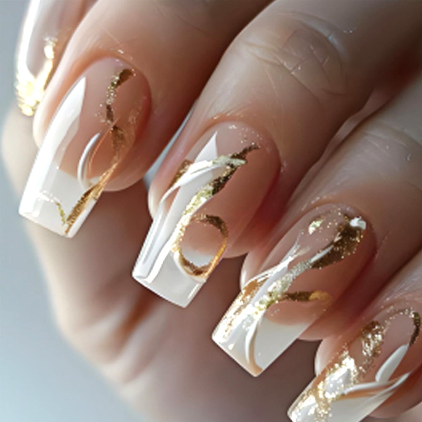 Gold Glitter Press on Nails Medium Square Fake Nails with Curve Lines Design Acrylic False Nail Tips Glossy Full Cover Stick on Nail Reusable Artificial Glue on Nails for Women Manicure 24Pcs