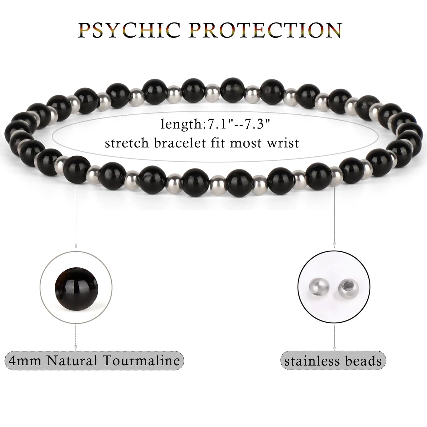 QOGIR Black Tourmaline - Psychic Protection - Stainless Silver Beads Natural Gemstone Stretch Elastic Dainty Healing Beaded Bracelets Gifts 4mm