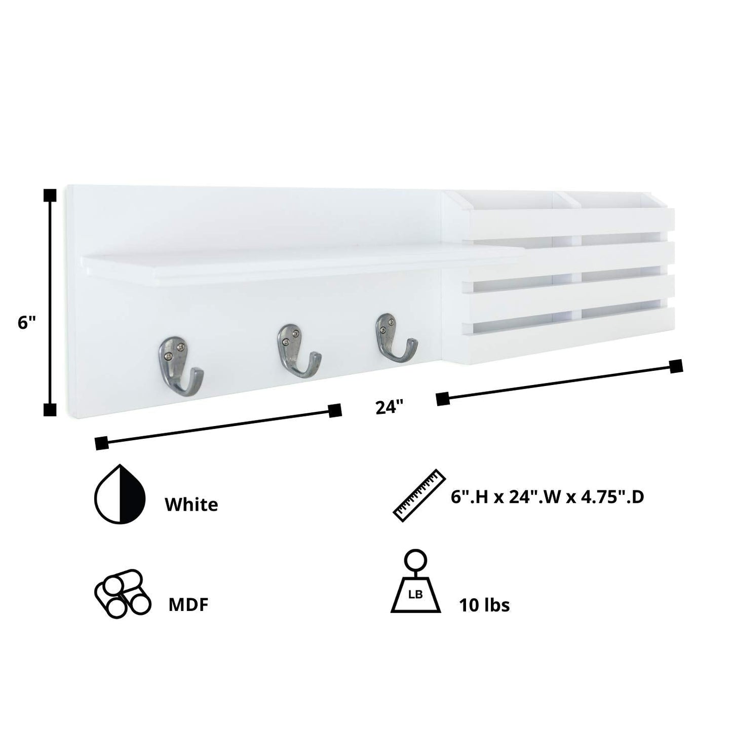 Kiera Grace Sydney Floating Shelf, Modern Wall Mounted Shelf with 3 Metal Hooks and Mail Holder for Home, Office, 24", White, 1Pack