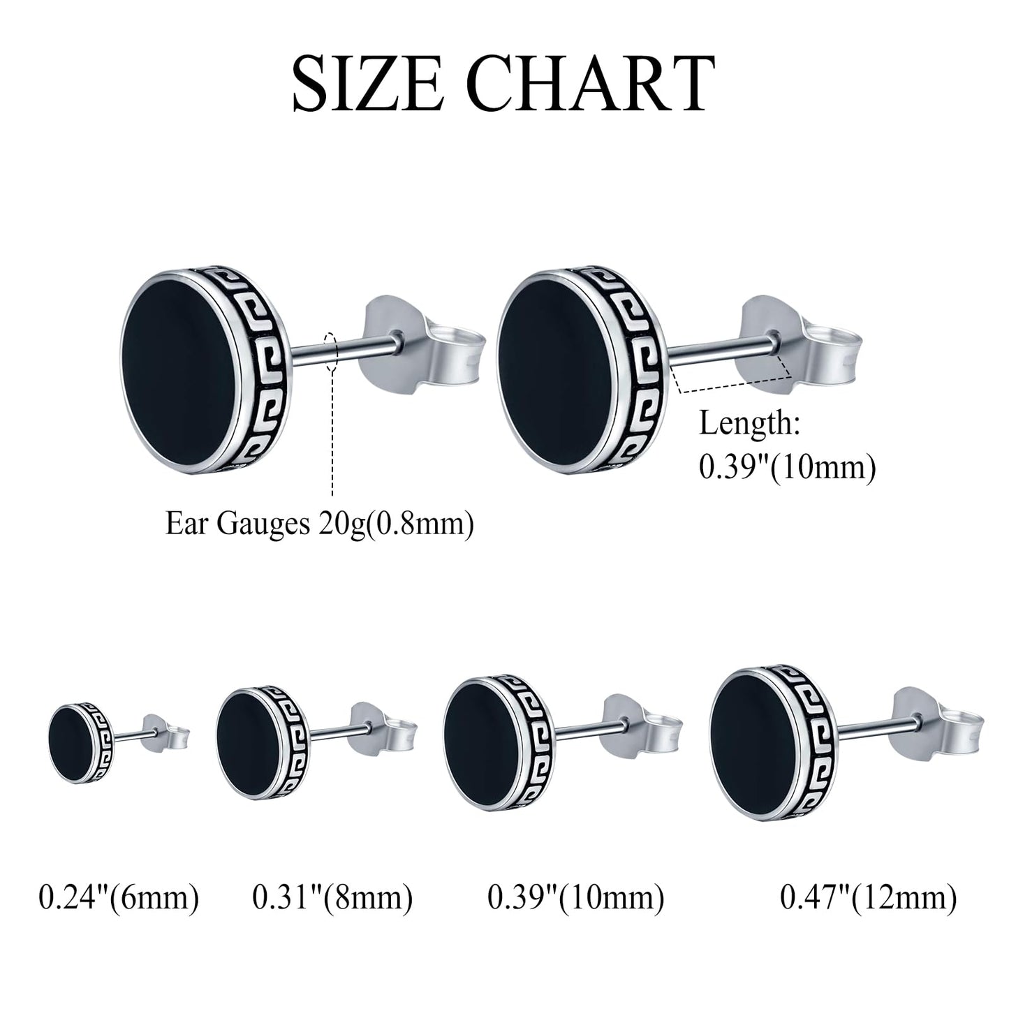 Aroncent Black Round Stud Earrings: Stainless Steel Hypoallergenic Retro Graphic Circle Piercing Ear Studs Set for Men Women 4 Pairs 6-12 mm