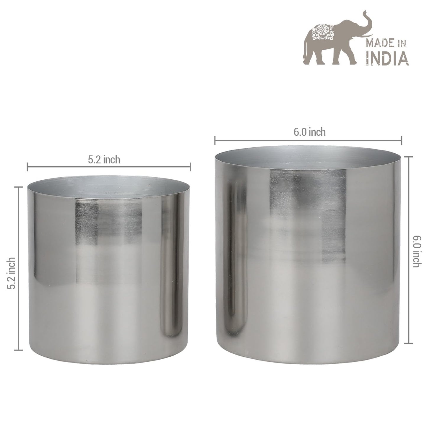 MyGift 5.2 and 6 Inch Round Handmade Shiny Silver Tone Metal Plant Pot Covers, Decorative Indoor Tabletop Houseplant Planter Containers, 2 Piece Set - Handcrafted in India