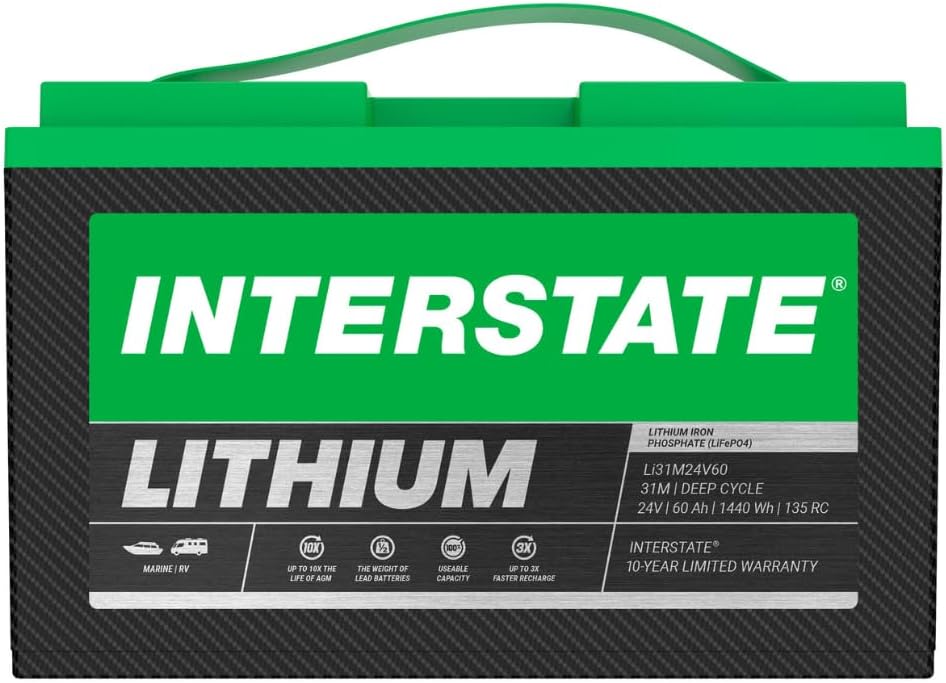 Interstate Batteries 24V 60Ah Group Size 31M Lithium Marine/RV Deep Cycle LiFePO4 Battery, Maintenance Free, Lightweight, Ideal For Boats, Trolling Motors, RV Camping, Off-Grid, Yachts (Li31M24V60)