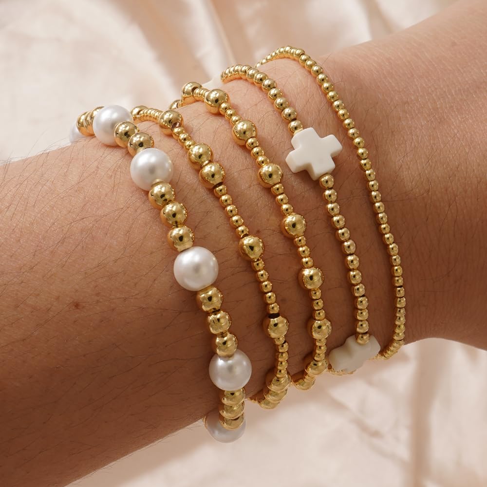 Bohxantium Gold Pearl Beaded Cross Bracelets Stack for Women Handmade Stackable Stretch Boho 14K Gold Plated Beads Ball Bracelets Set Trendy Jewelry Summer Birthday Prom Friendship Christian Gift