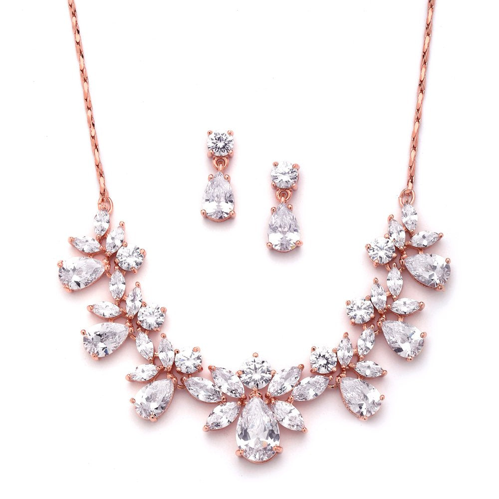 Mariell Rose Gold Multi-Shaped Cubic Zirconia Necklace & Earring Wedding Jewelry Set For Women and Brides