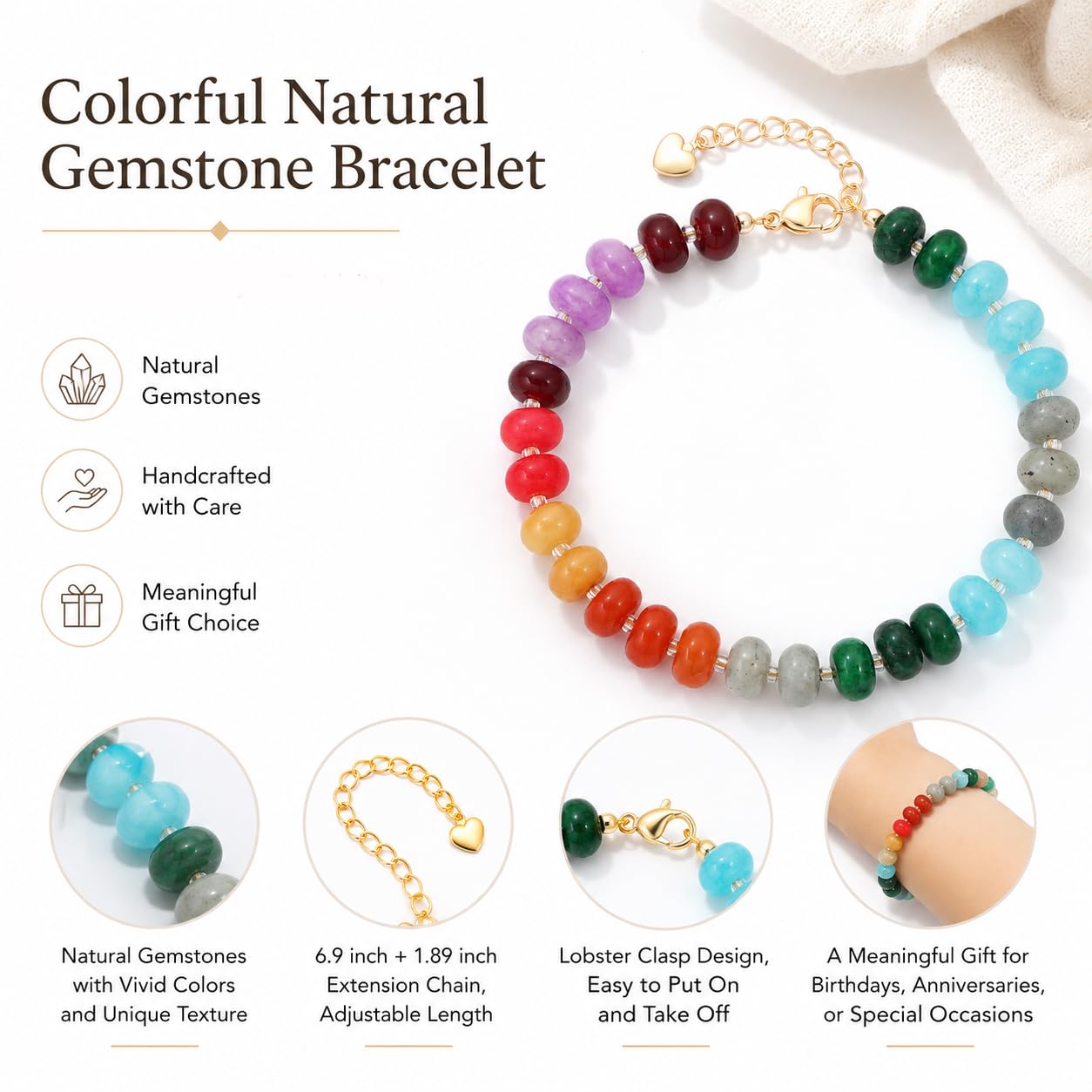chorfla Colorful Natural Stone Beaded Bracelets for Women, Boho Handmade Gemstone Bracelet, Stackable Summer Beach Jewelry