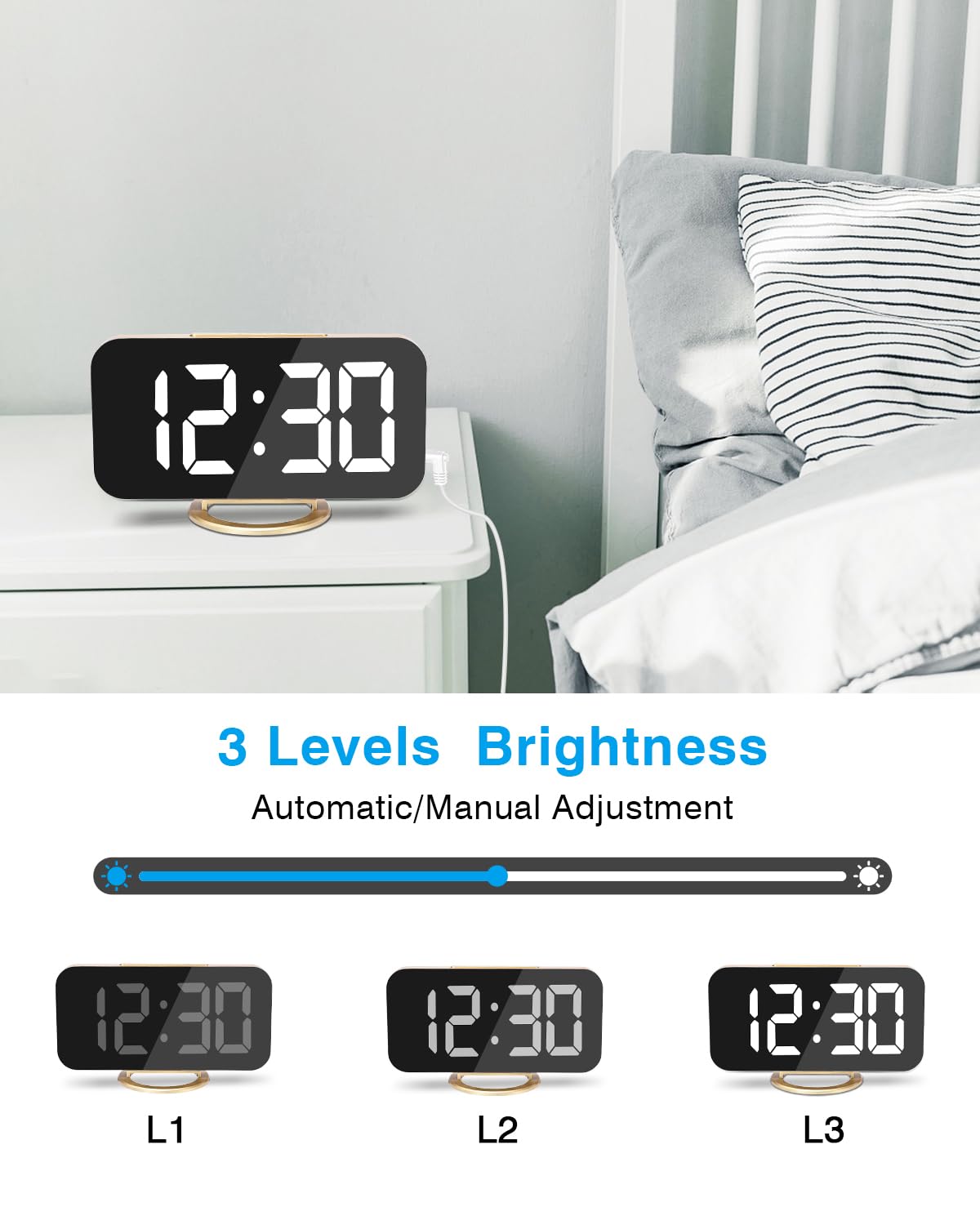 Poeroa Digital Alarm Clock,7 in LED Mirrored Clocks Large Display,with 2 USB Charger Ports,Auto Dim,Night Mode,Modern Desktop Electronic Clocks for Bedroom Home Office Decor - Gold