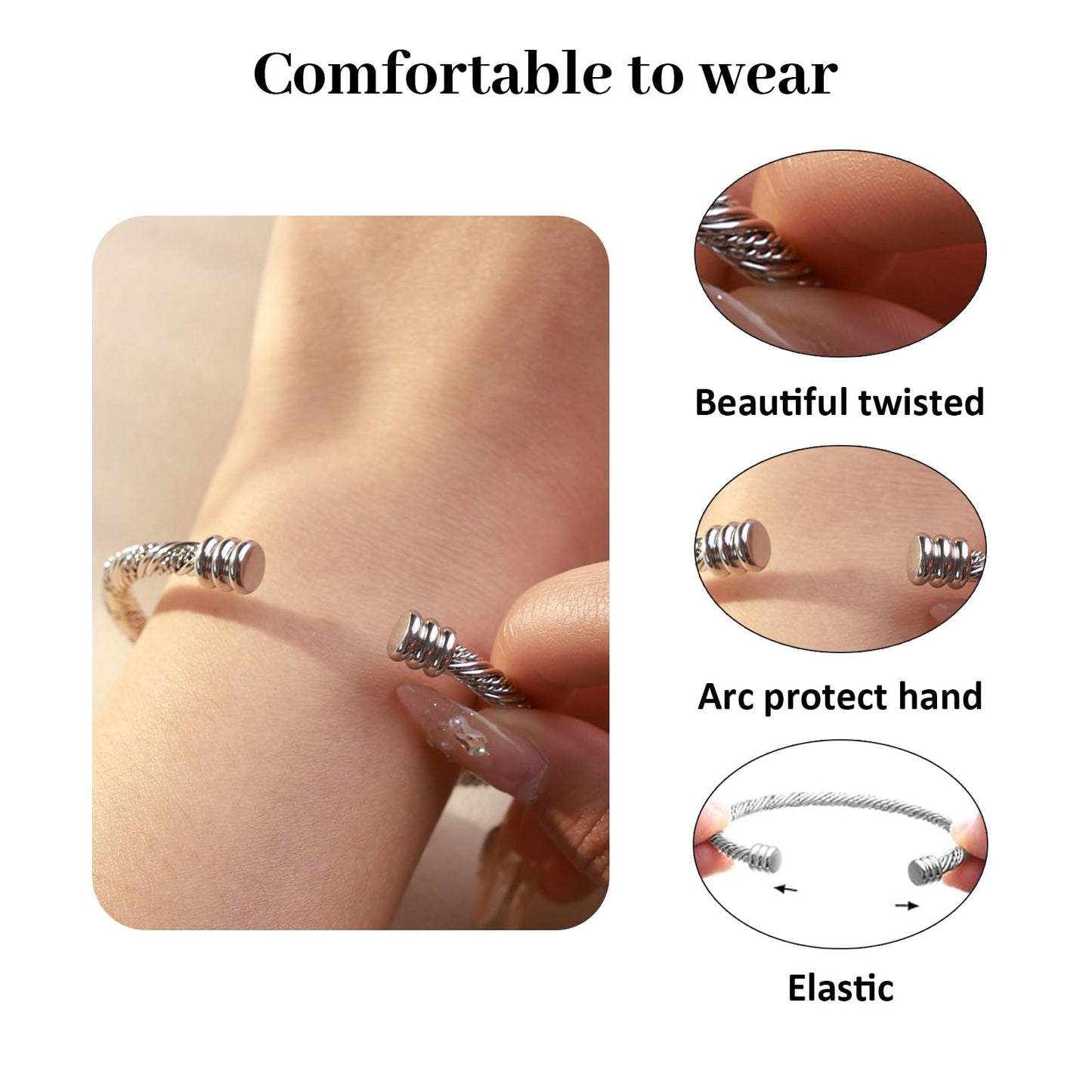 BOLAGTIER Stainless Steel Twisted Cable Wire Bracelets Adjustable Open Cuff Bangle Bracelet Vintage Jewelry Gift for Women (C-Silver 62)