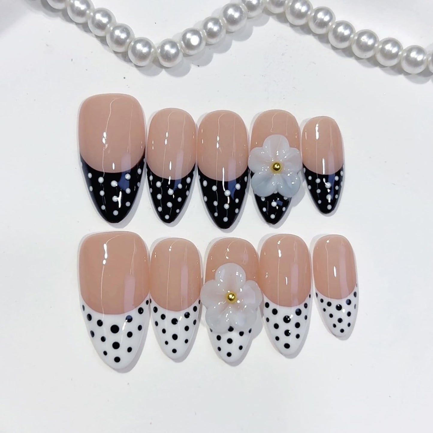 Handmade Press on Nails Black and White Polka Dots Medium Almond Fake Nails French Tips, Multi-Layer Gel Acrylic Nails for Women Nail Art Sheer Floral Glow 10 Pcs(S)