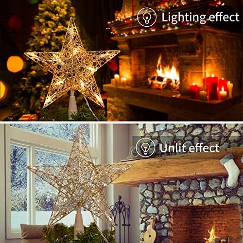 Christmas Star Tree Topper, Plug in 3D Twined Golden Star Metal Hollow Designed Christmas Tree Topper Decorations 9 inch,Built in 10 Bulbs for New Year Holiday Home Office Indoor