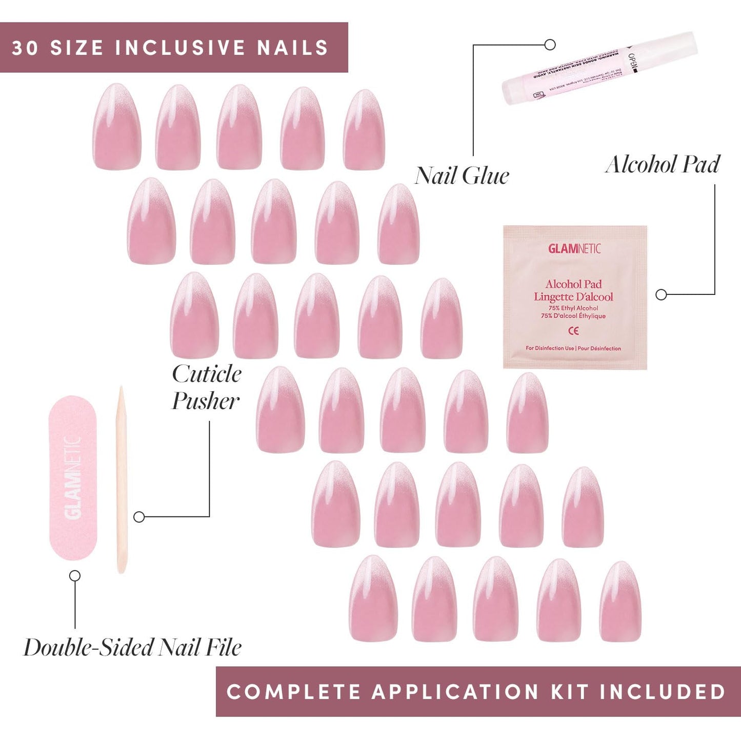 Glamnetic Press-On Nails - Lovers Blush | Pink Short Almond Fake Nails with Glossy Velvet Finish | 15 Sizes - 30 Nail Kit with Glue & Nail Tabs