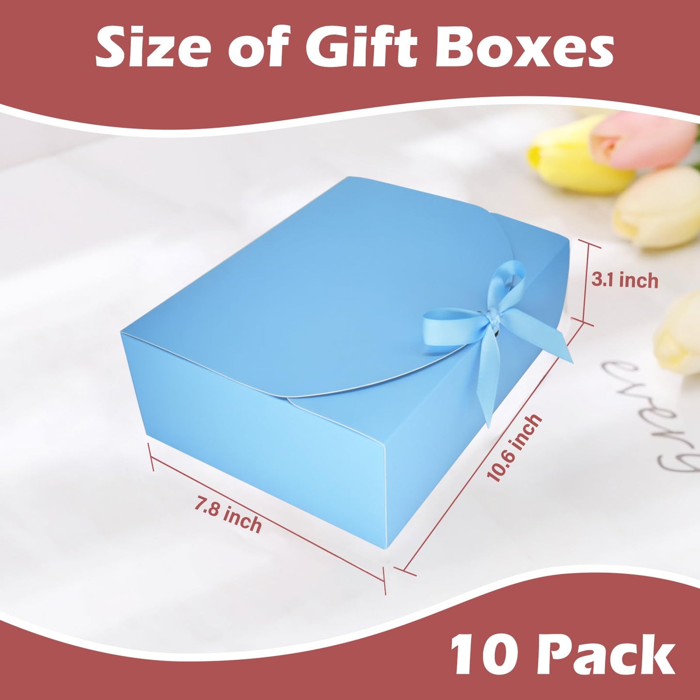 BoShahai 10 PCS Gift Boxes with Lids, 10.6x7.8x3.1 Inch Kraft Paper Gift Box, Blue with Ribbon, Bridesmaid Proposal Box for Wedding, Packaging, Present, Birthday, Cupcake,Groomsmen Proposal
