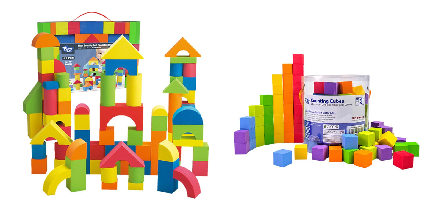 Pairez Toys 41pcs Foam Blocks & 105pcs Counting Cubes Bundle, STEM Learning & Building Set for Kids