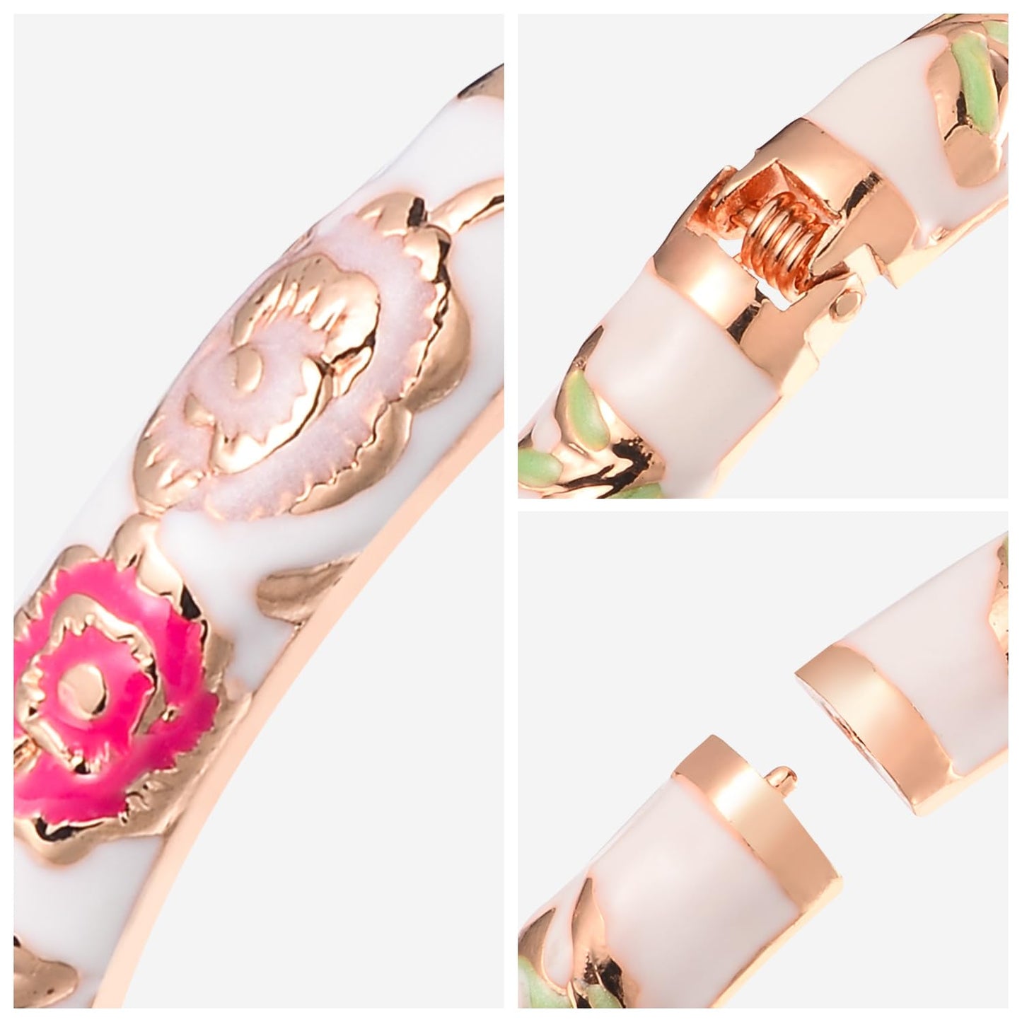 UJOY Fashion Cloisonne Bracelets Set Plated Enameled Jewelry Spring Hinged Metal Cuff Bangles Gift Box Packed 55A106-55A113 White Rose