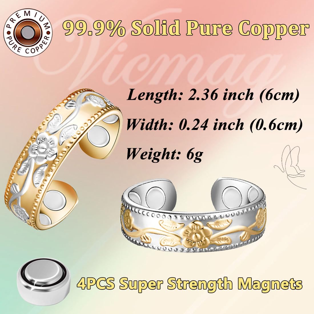 Vicmag Copper Magnetic Ring for Women Men 100% Solid Pure Copper Adjustable with Gift Box