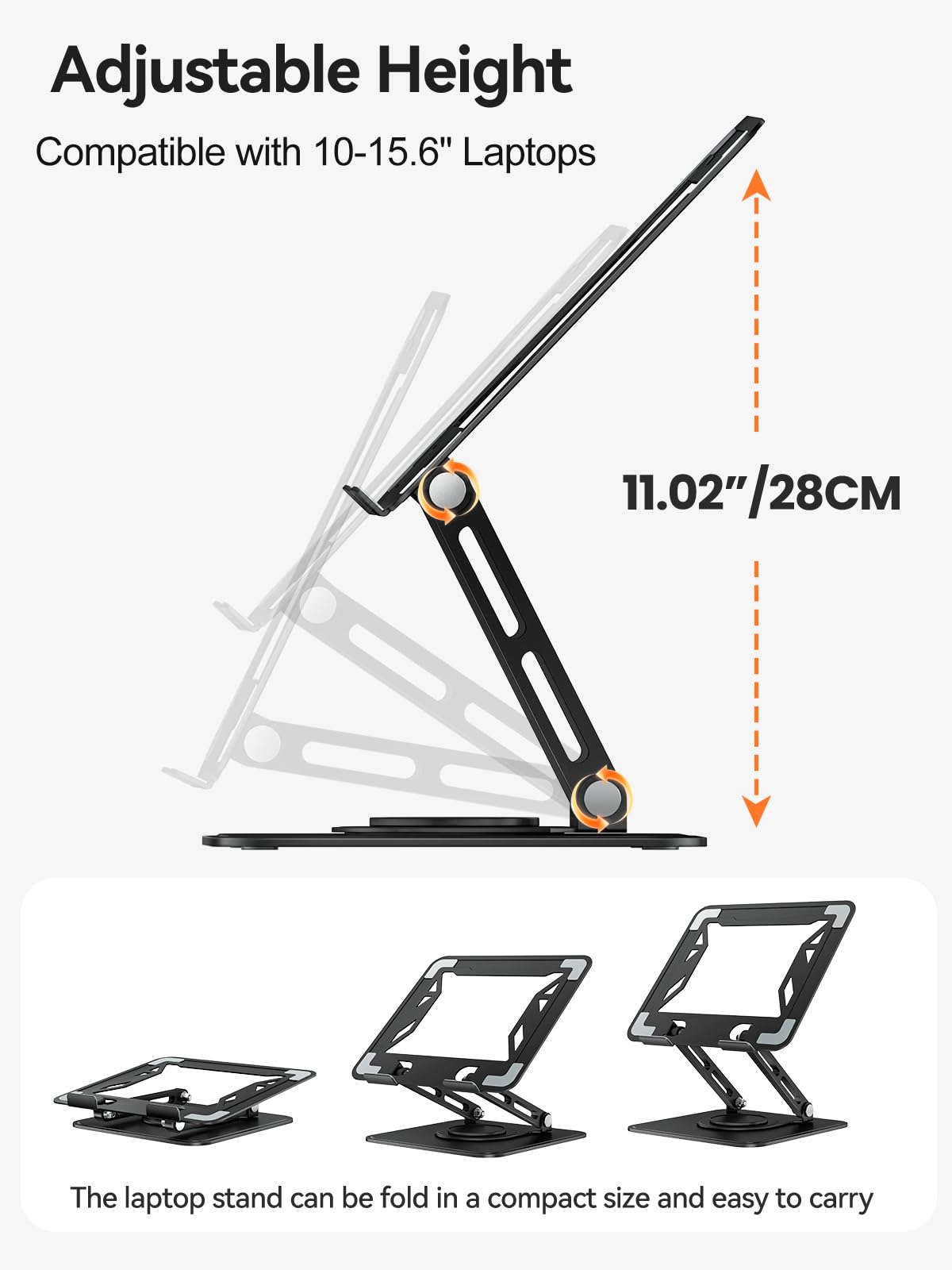 tounee Laptop Stand for Desk, Adjustable Computer Stand Holder with 360° Rotating Base, Ergonomic Laptop Riser Compatible with MacBook Pro Air, All Laptops 10-15.6"-Black