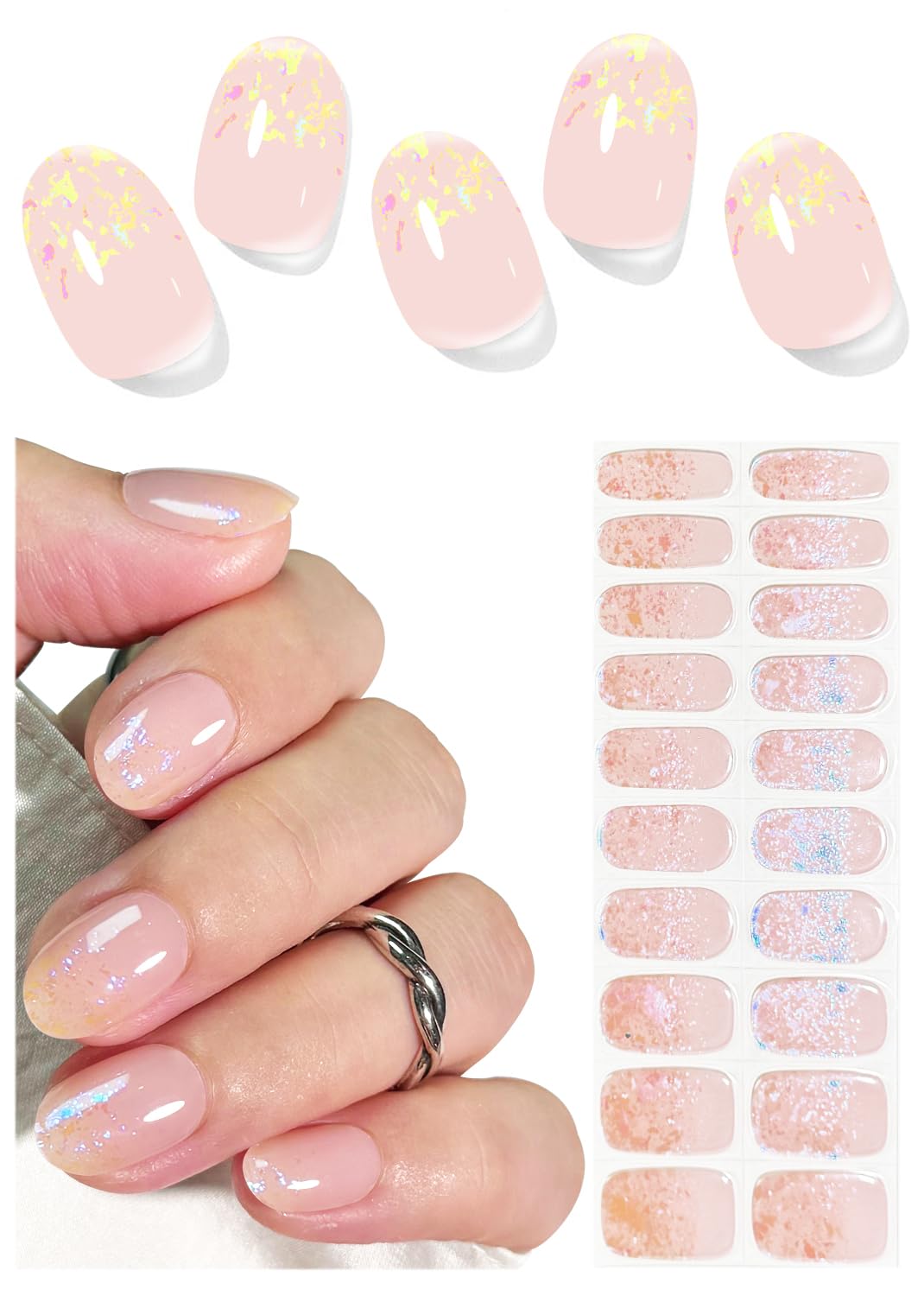 Semi Cured Gel Nail Strips, French Foil 20pcs Adhesive UV Sticker, Wraps for Home Manicure DIY