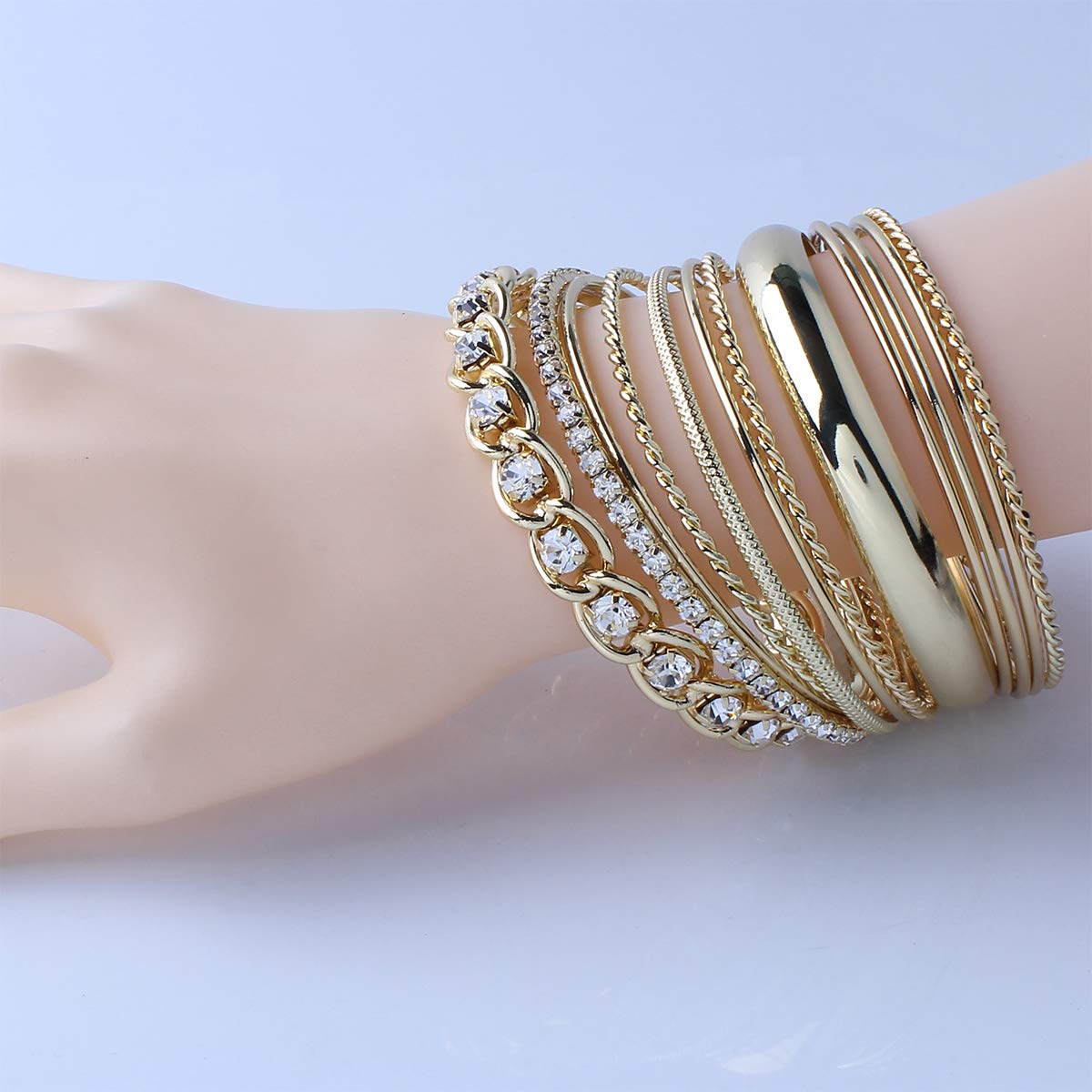 Ensoul Shiny Gold Color Twisted Multiple Metal Bracelets & Bangles Set For Women 12Pcs/Set W/Clear Rhinestones