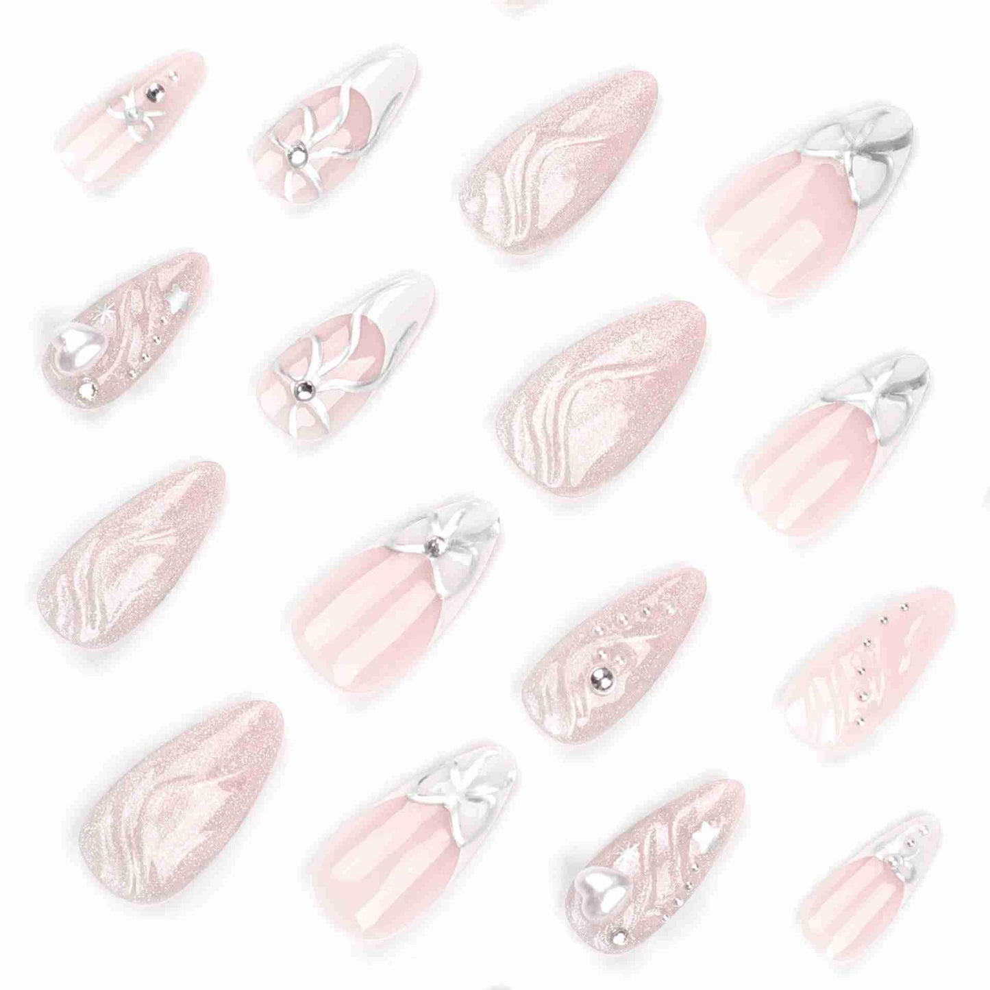 QQPPOLIU Medium Press On Nails Almond Shape with 3D Coat Glue On Nails French Tip Full Cover Nails 24pcs for Women and Girls