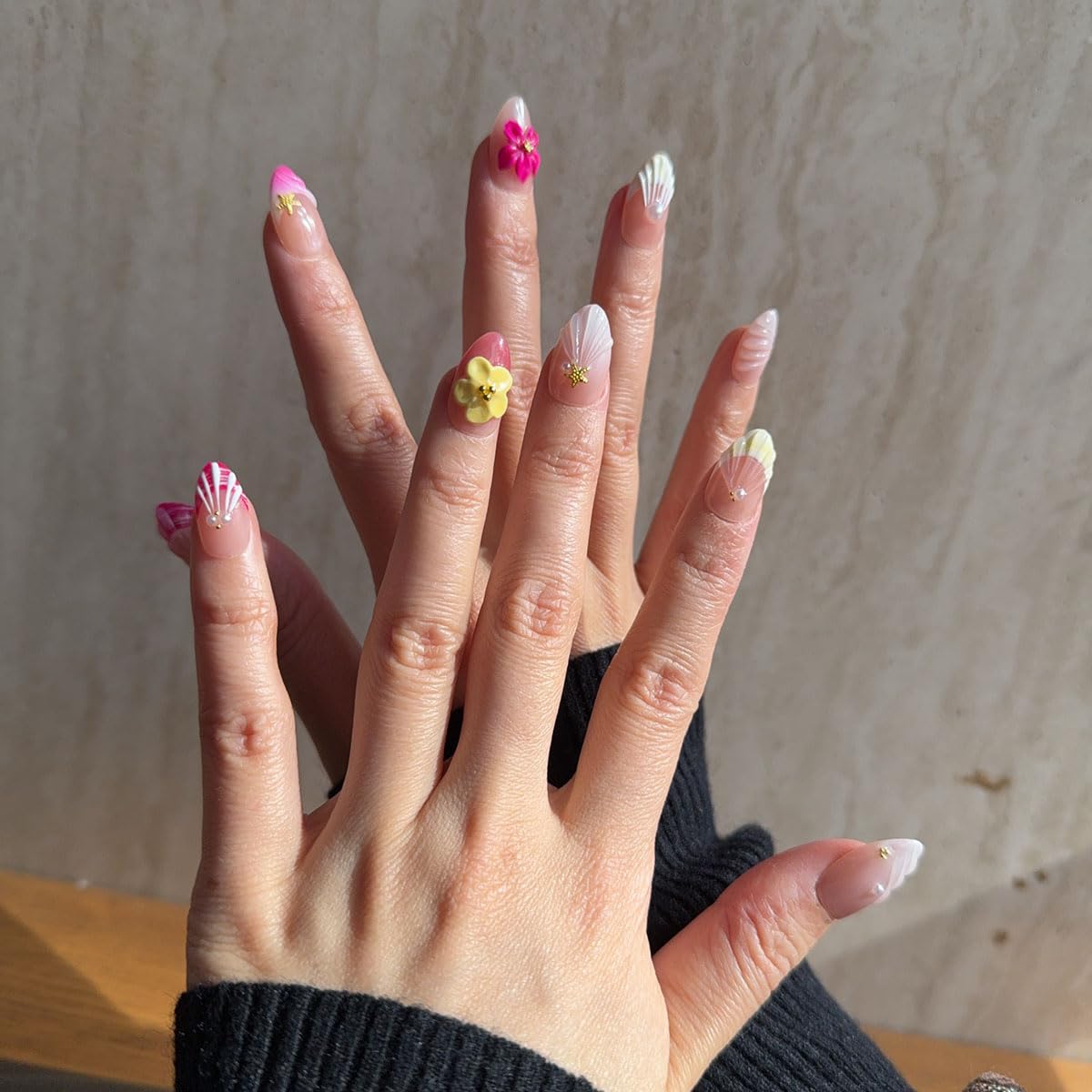 10 Short Handmade Press On Nails | with 3D Floral and French design False Nails | Skip Salon Trips, Easy to Apply & Remove, Reusable (251206, XS)