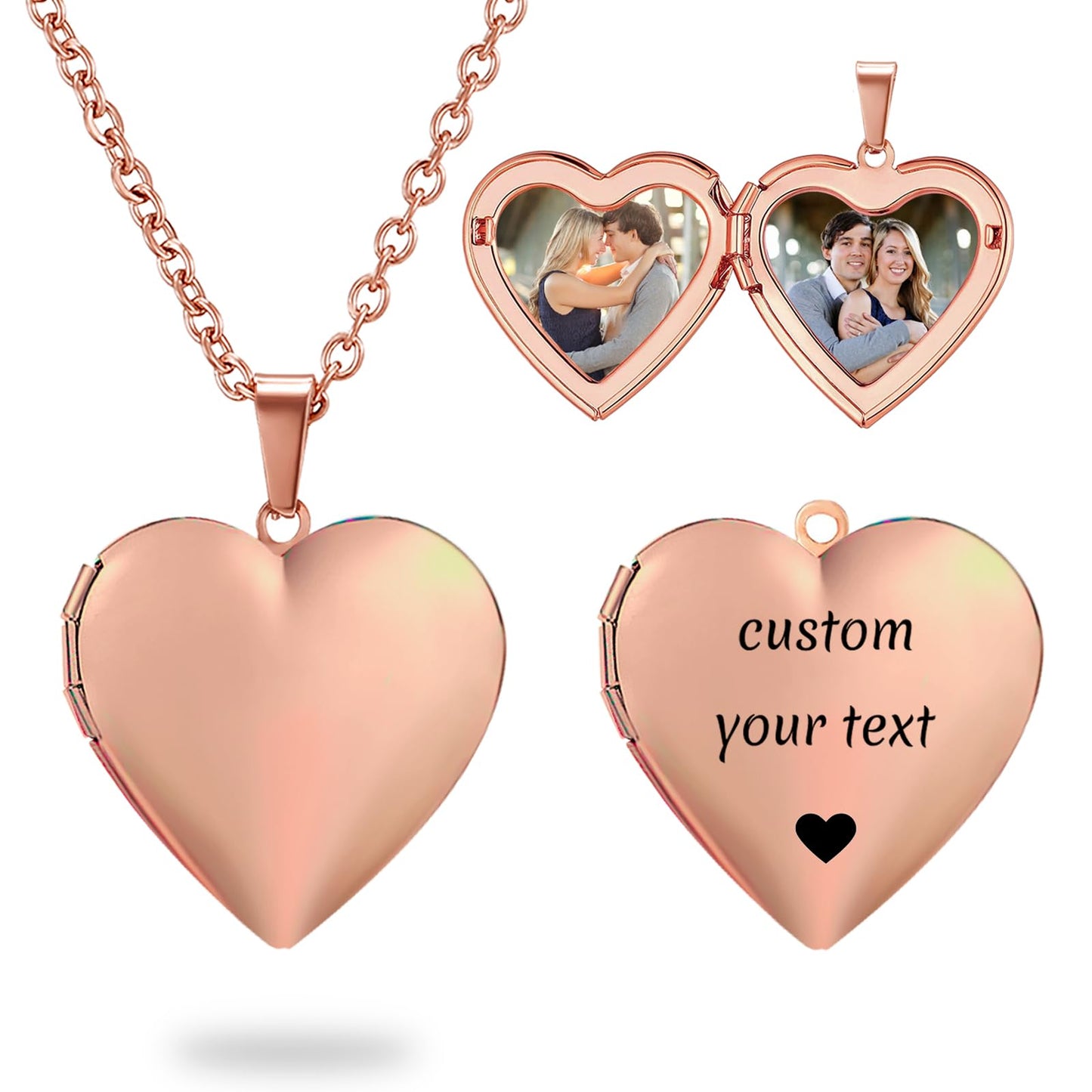 PHOCKSIN Rose Gold Glossy Lockets Personalized Heart Locket Necklace for Women Customized Lockets with Picture Text & Symbols for Women