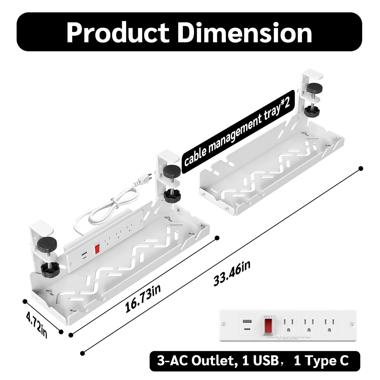 Extended Metal Under Desk Cable Management Tray with Power Outlet, No-Drill Wire Organizer with Clamp, Cord Storage Raceway for Desk Cable Management for Office Home (White)