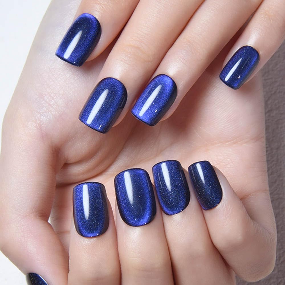 evpct Royal Blue Cat Eye Extra Short Press on Nails Square, Petite Short Square Stick on Nails for Women Gift, Blue Metallic Glitter Glossy Reusable Soft Gel Press on Acrylic Fake Nail with Designs