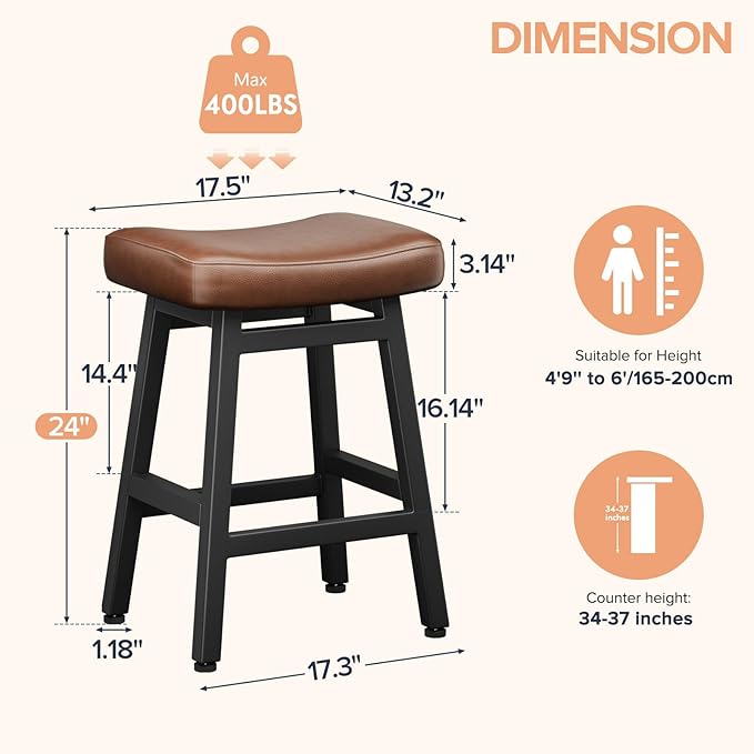 Counter Height Bar Stools Set of 3, 24 Inch Barstools for Kitchen Counter, Kitchen Stools with Bonded Leather Saddle Seats & Heavy Duty Metal Legs, Easy Assembly, Brown/Black