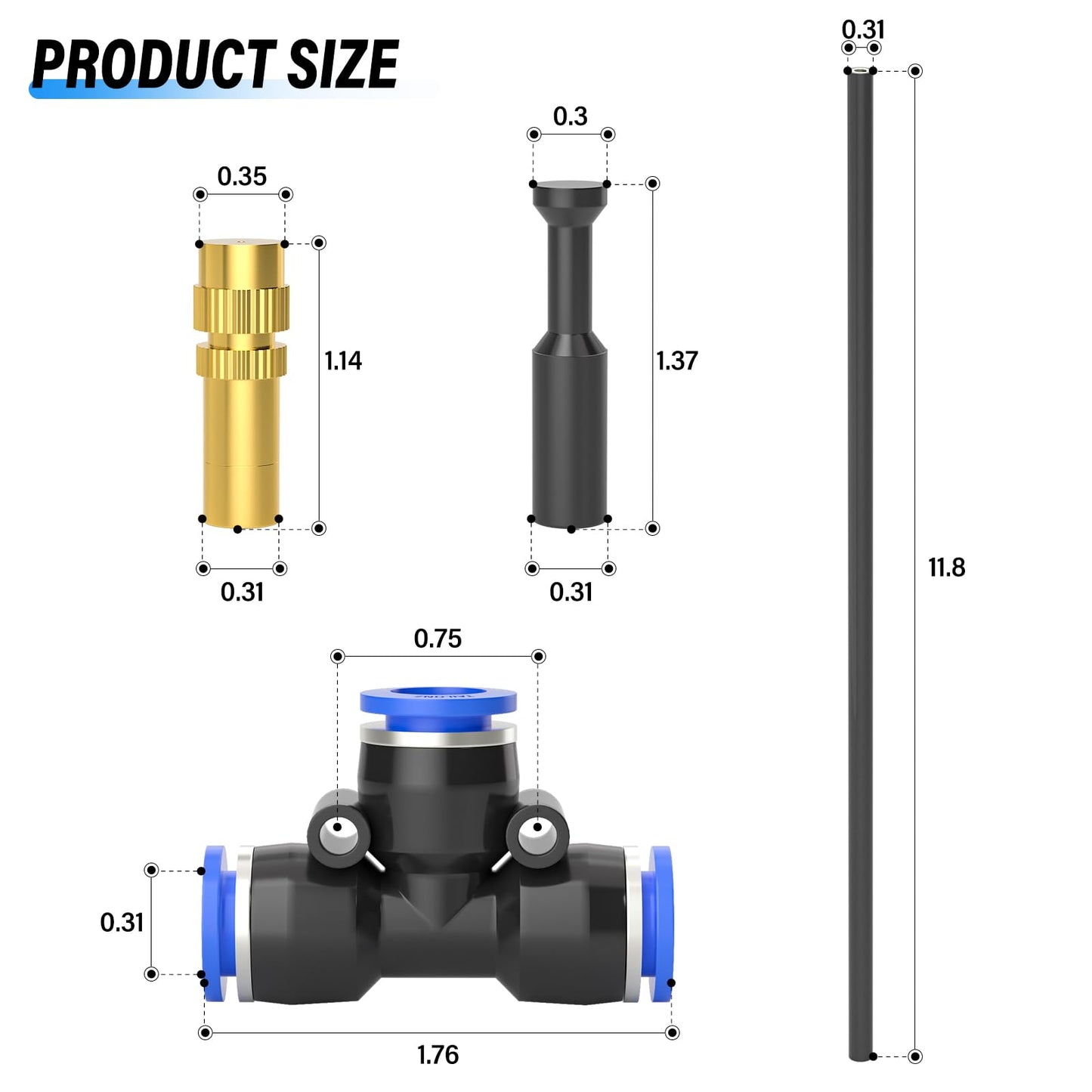 TAILONZ PNEUMATIC Brass Misting Nozzles with Tee Fittings – 12" Hose, 360° Adjustable Spray for Patio Cooling, Watering, and Outdoor Misting Systems 10PCS