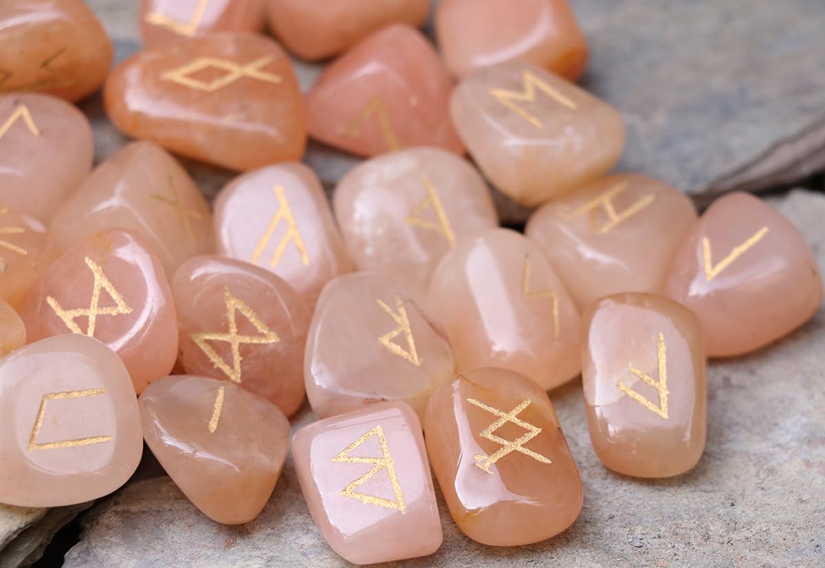 Crocon Red Aventurine Rune Stones Set Engraved with Elder futhark Crystal Runes Set, Reiki Healing runas for Meditation Chakra Balancing, Rune Stone for Beginners with Crystal Guide & Pouch |15-20 mm