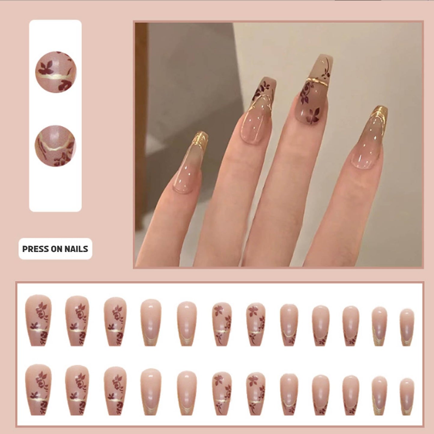 Hkanlre 3D Press on Nails Medium Fake Coffin Nails Tips Full Cover Luxury False Nails for Women and Girls 24PCS