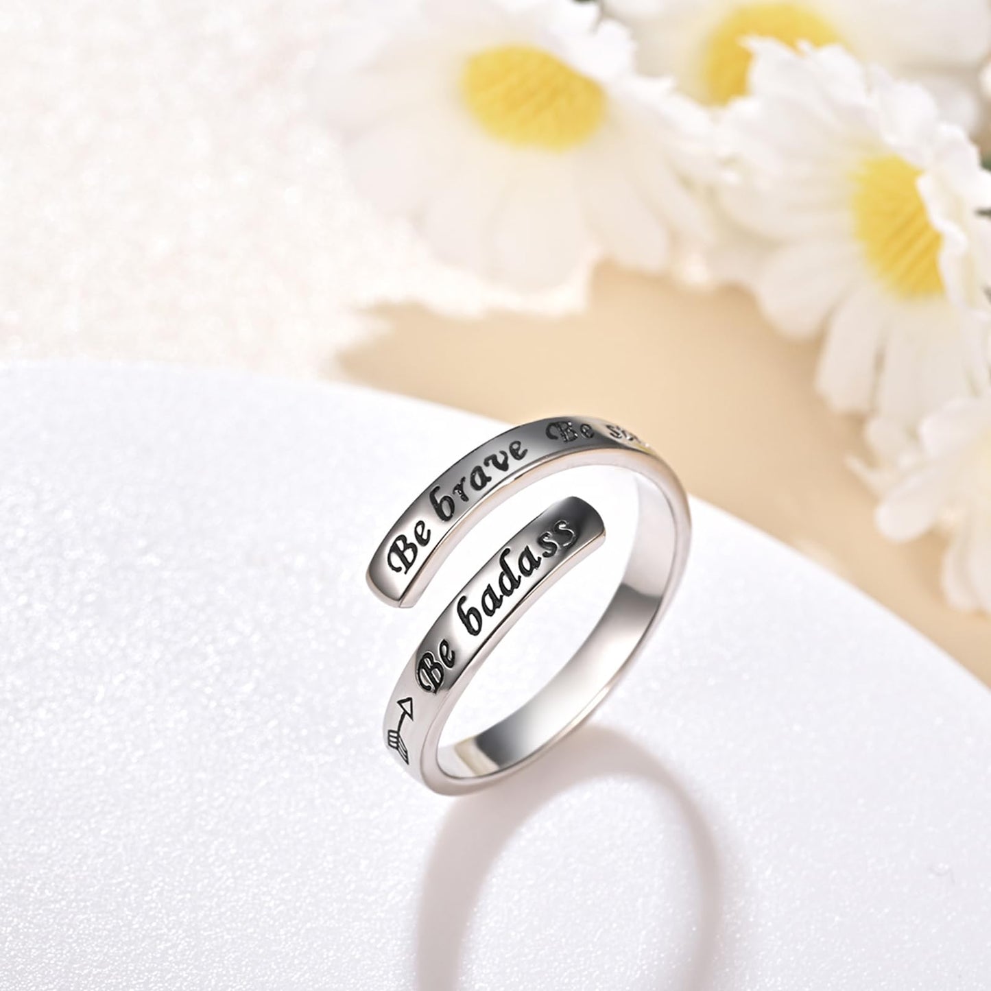 925 Sterling Silver Inspirational Jewelry Adjustable Wrap Open Ring Encouragement Gift for Women(Be brave. Be strong. Be badass)