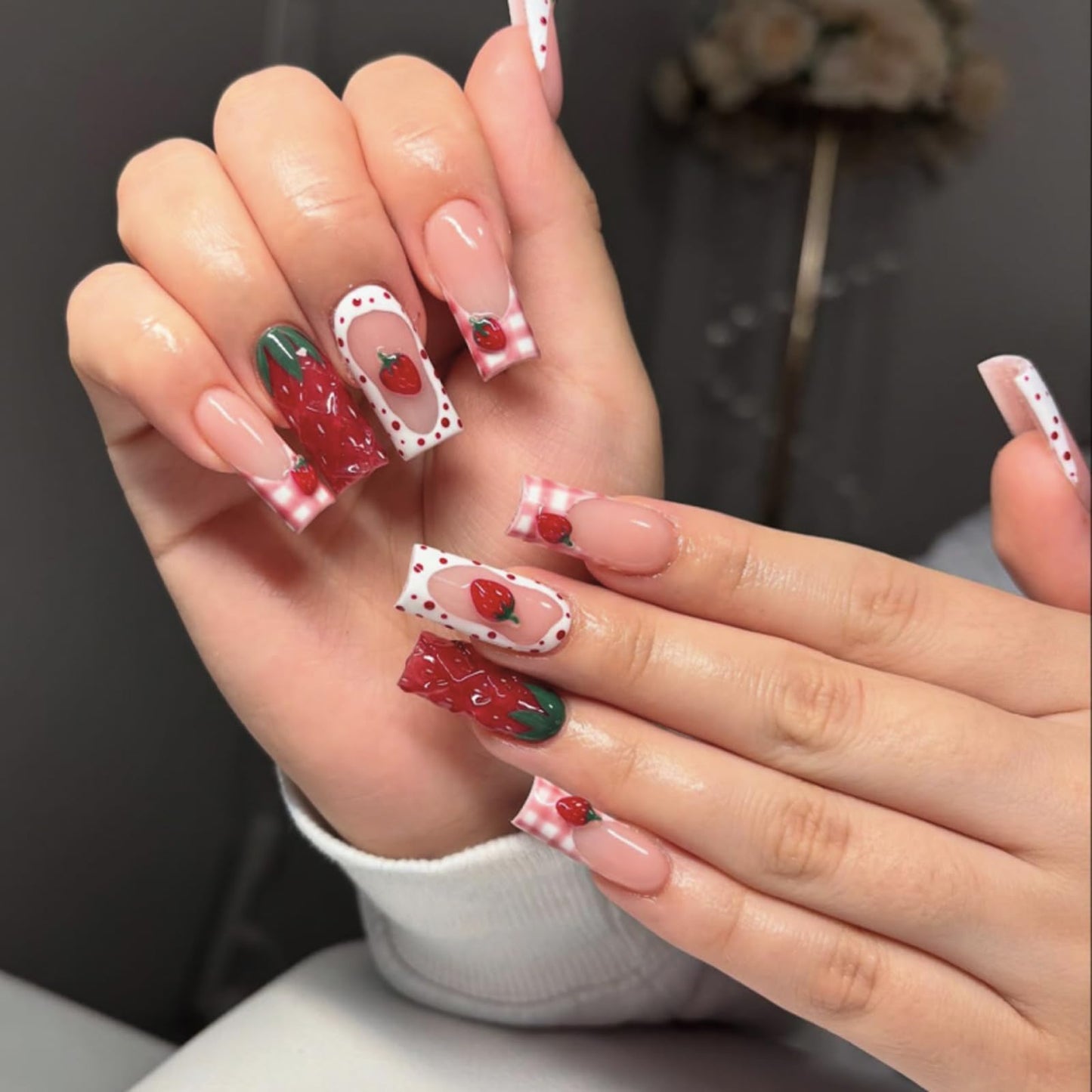 IMRAIN Long Press on Nails Square Fake Nails 3D Red Strawberry Designs Glossy Reusable Acrylic False Nails Full Cover Cute Gel Handmade Glue on Nails