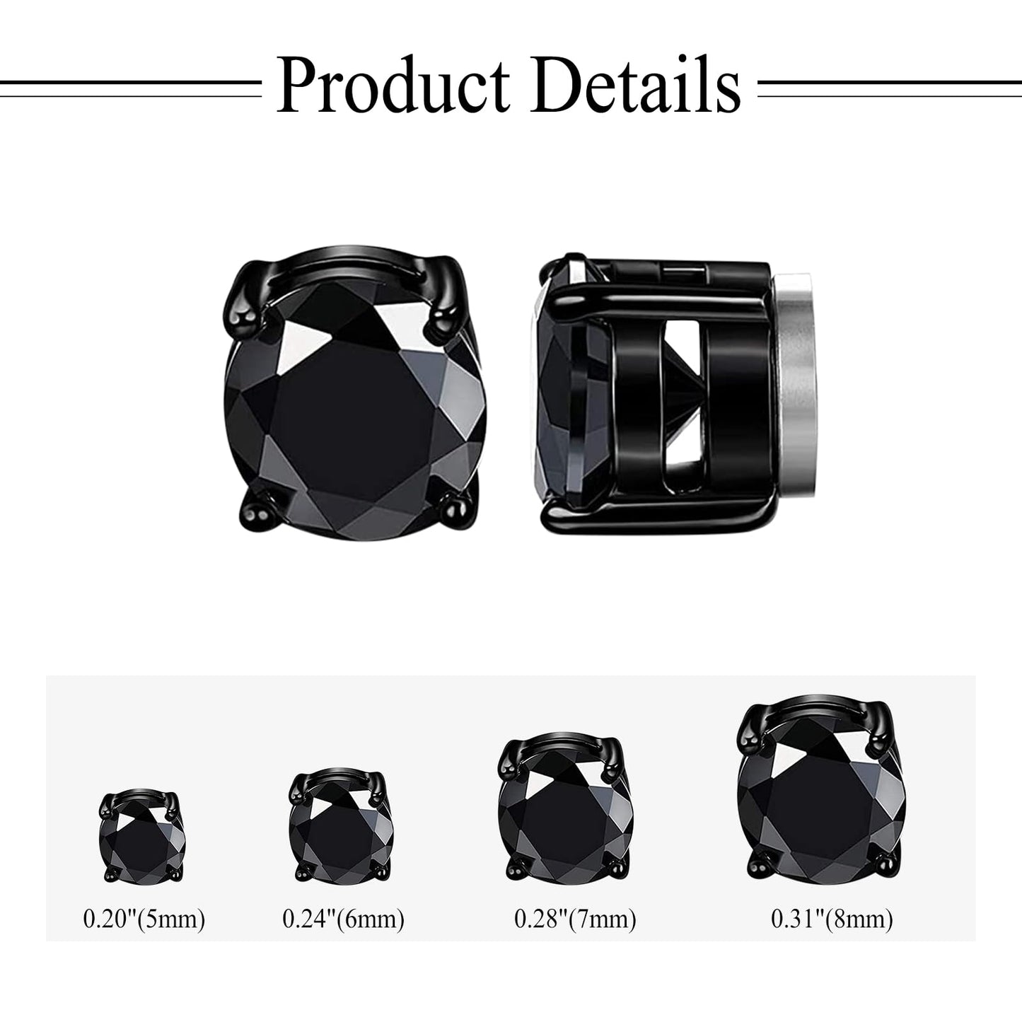 Magnetic Non-piercing Clip On Earrings: Stainless Steel 5-8mm Black CZ Inlay Round Fake Cheater Studs for Men Women, 4 Pairs