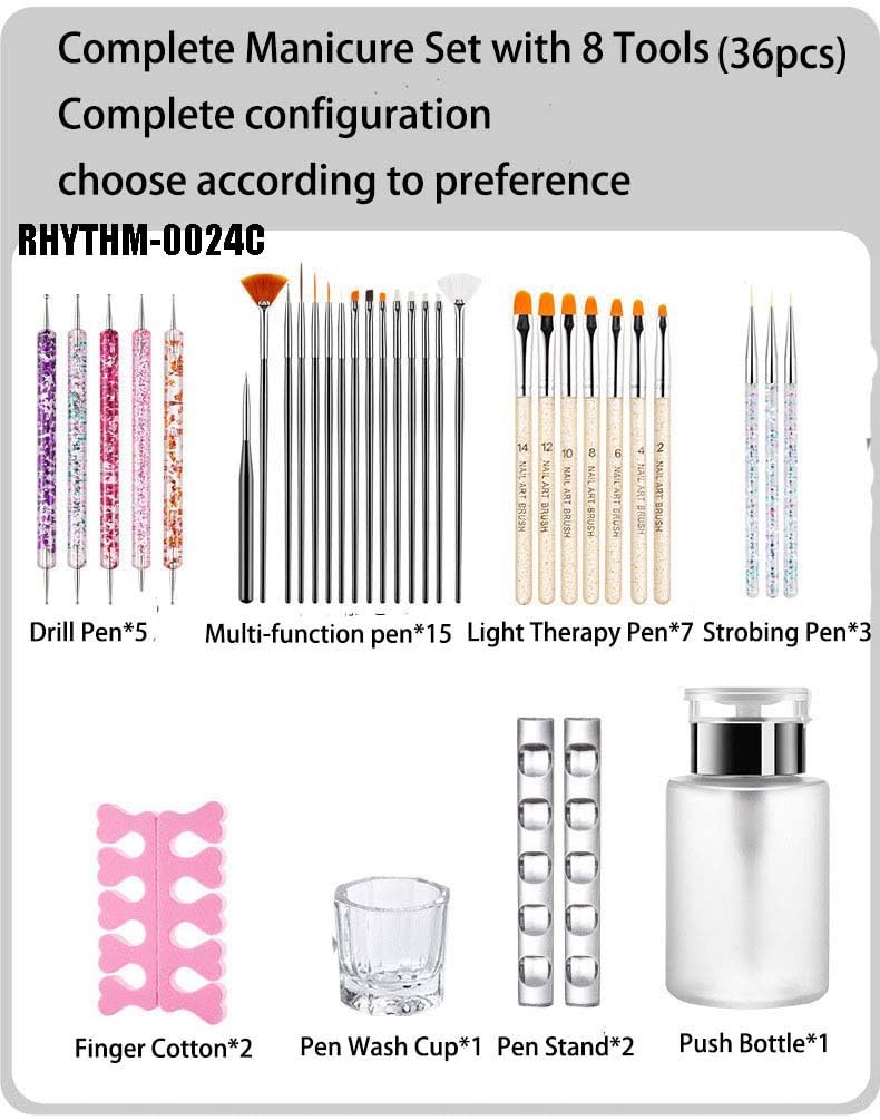 UNI-RHYTHM Nail Art Tools Kit, 8kinds of nail art brush Set with Hand Tools and Accessories for Manicure, 36pcs in total(RHYTHM-0024C)