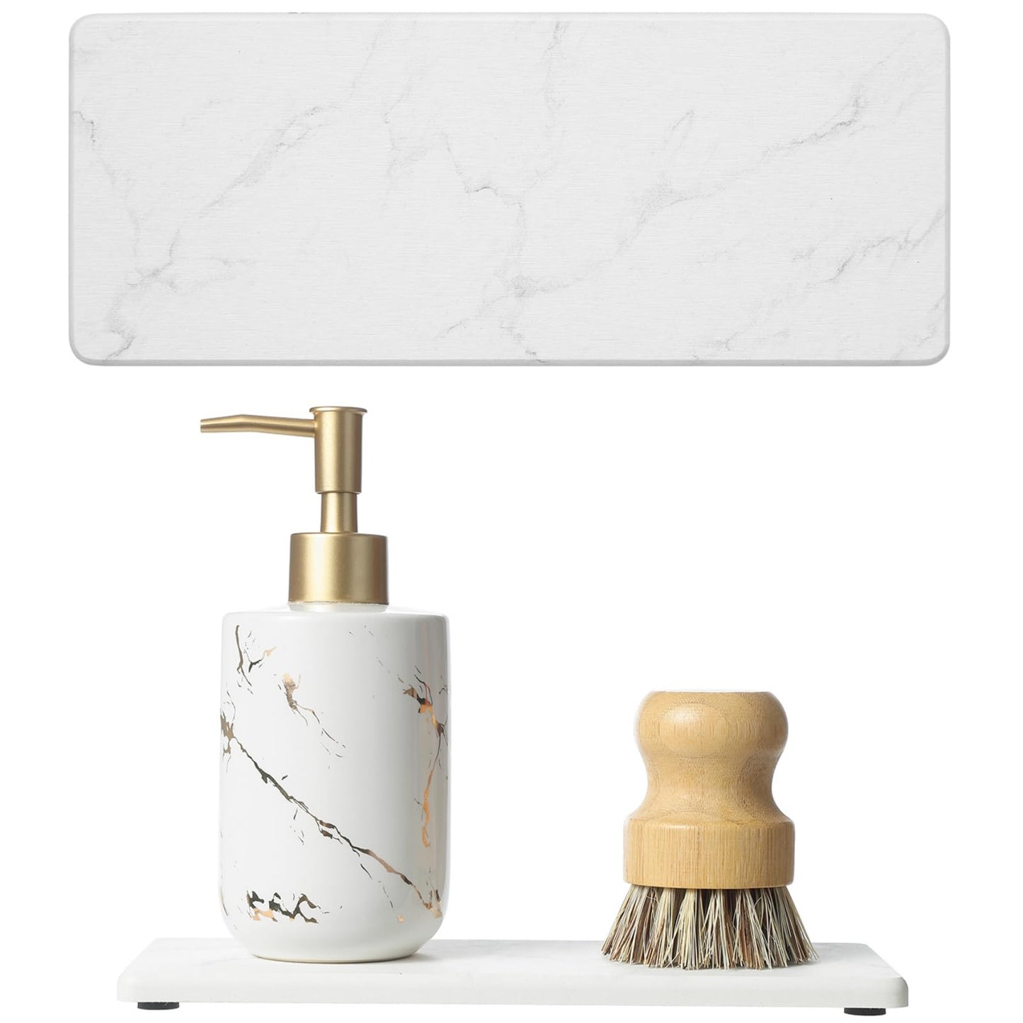 2PCS Water Absorbing Stone Drying Tray for Kitchen Counter & Bathroom Sink, Diatomite Faucet Splash Guard, Soap Dispenser Rack & Sponge Holder Caddy Organizer, Marble White (Printed Pattern), 9"x 3.5"
