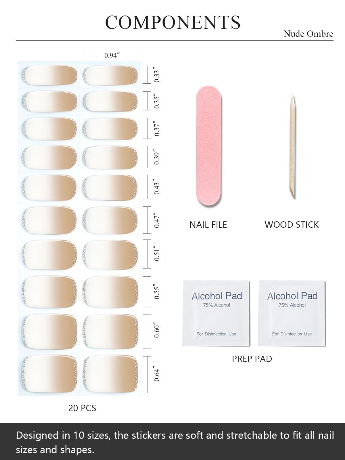 AutyaMee Semi Cured Gel Nail Strips (Nude Ombre), Gold Glitter, 20 Pcs Gel Nail Wraps, Stickers, UV Light Required, Salon Quality, Long Lasting