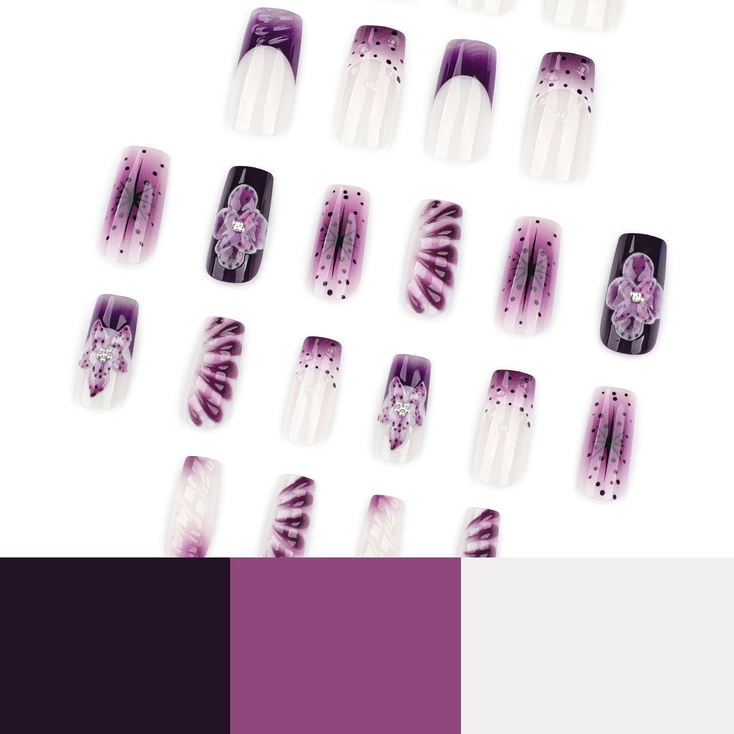 MISUD Press on Nails - Long Square Fake Nails with Purple French Tip, Acrylic Handmade 3D Gel Flower Design 24 pcs