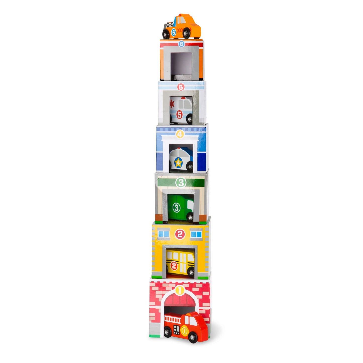 Melissa & Doug Nesting and Sorting Blocks - 6 Buildings, 6 Wooden Vehicles - FSC Certified