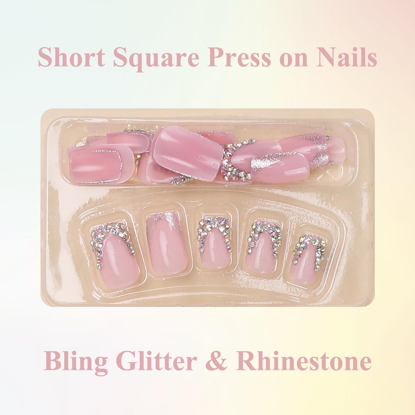 MISUD Press on Nails - Short Square Fake Nails with Bling Glitter, Acrylic Sparkly Rhinestone Design 24 pcs