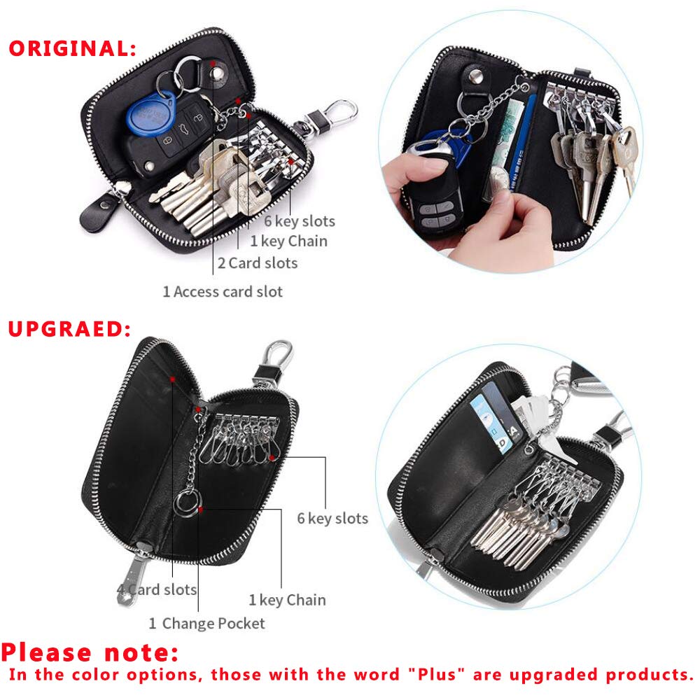 Funny Live Genuine Leather Key Holder Bag with 4 Card Slot & 6 Hooks & 1 Access Card, Key Case for Men & Women (Black Plus)