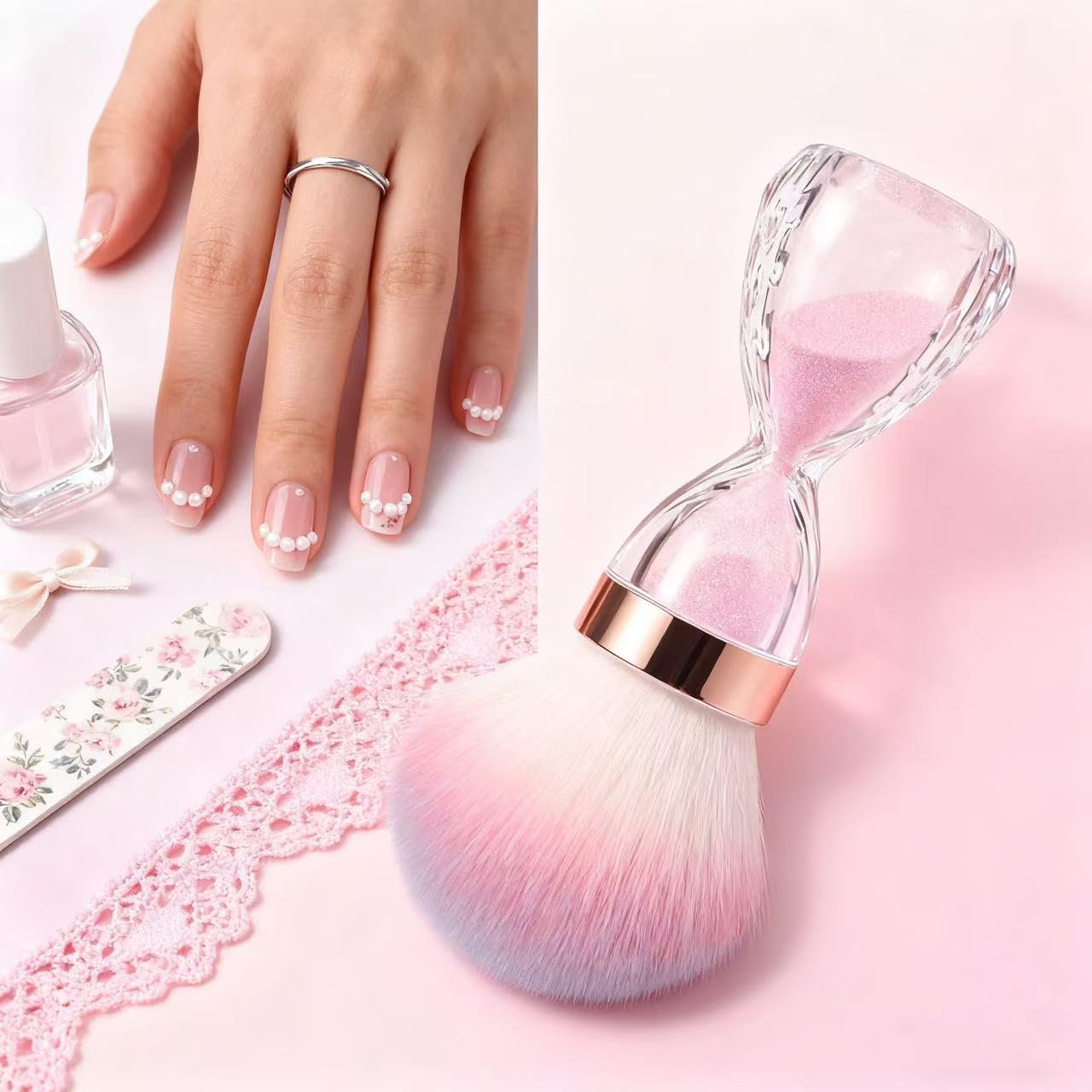 CelCurioso Nail Dust Brush Set, 2 Pack Hourglass Shape with Cases, Soft Dense Hair for Manicure Pedicure (pink)