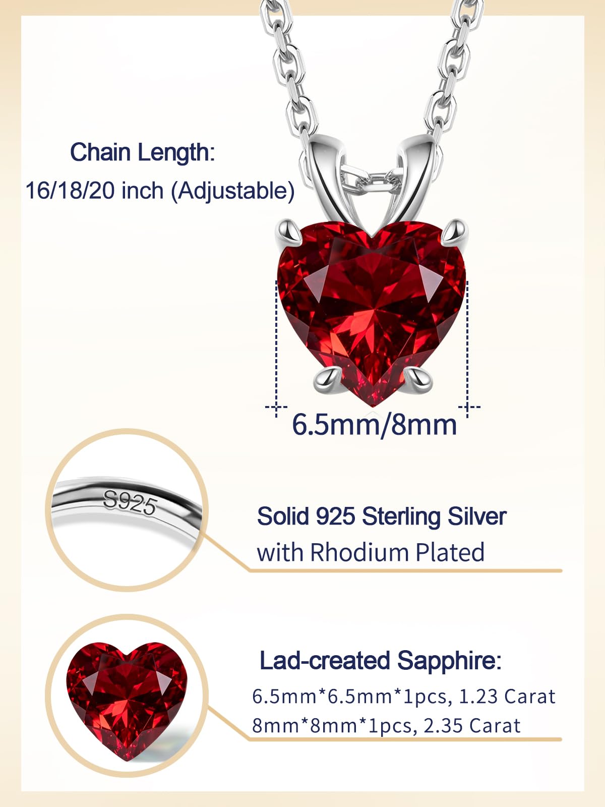 CYW 1 Carat Red Ruby Small Heart Necklace for Women 925 Sterling Silver Solitaire Pendant Necklace