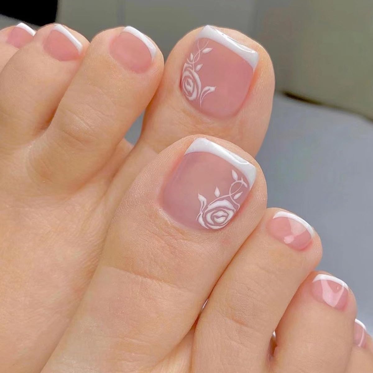 CTTHNBD 6 Packs (144 Pcs) Press on Toenails, French Tip, Pink, Flower, Glue on, Gel, Stick on, 12 Sizes-6 Styles