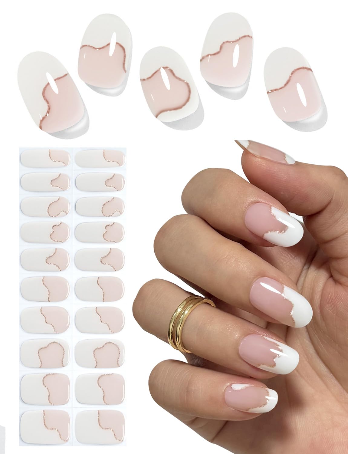 Semi Cured Gel Nail Strips,Irregular French, Glitter Lines 20pcs Gel Nails Sticker UV for Home Nails DIY