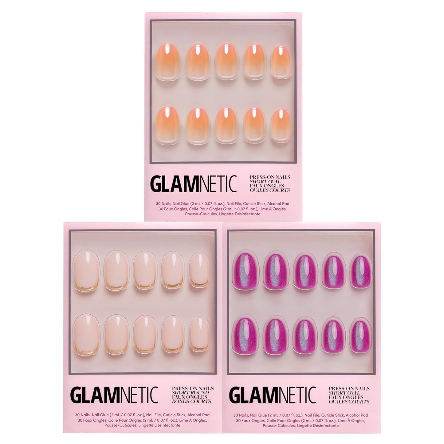 Glamnetic Press-On Nails Bundle - Candy Corn, Goal Digger & Berry Fizz | Oval Glazed Fake Nails with Ombre Design | Natural Round False Nails with Gold Foil | Short Oval Magenta Nails with