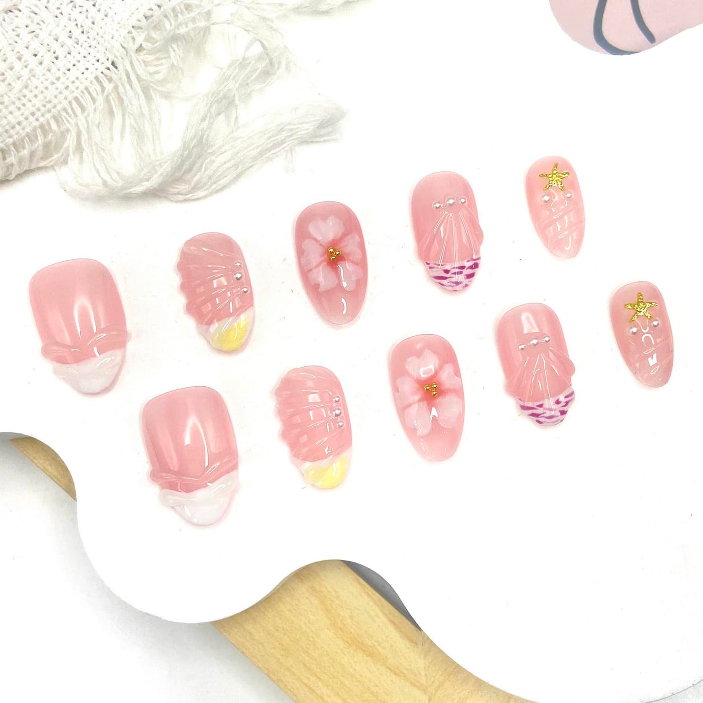 Handmade Press on Nails Flower Press on Nails French Tip False Nails with 3D Star Designs Short Almond Shaped Fake Nails Glossy Full Cover Artificial Acrylic Nails for Women (Size M)