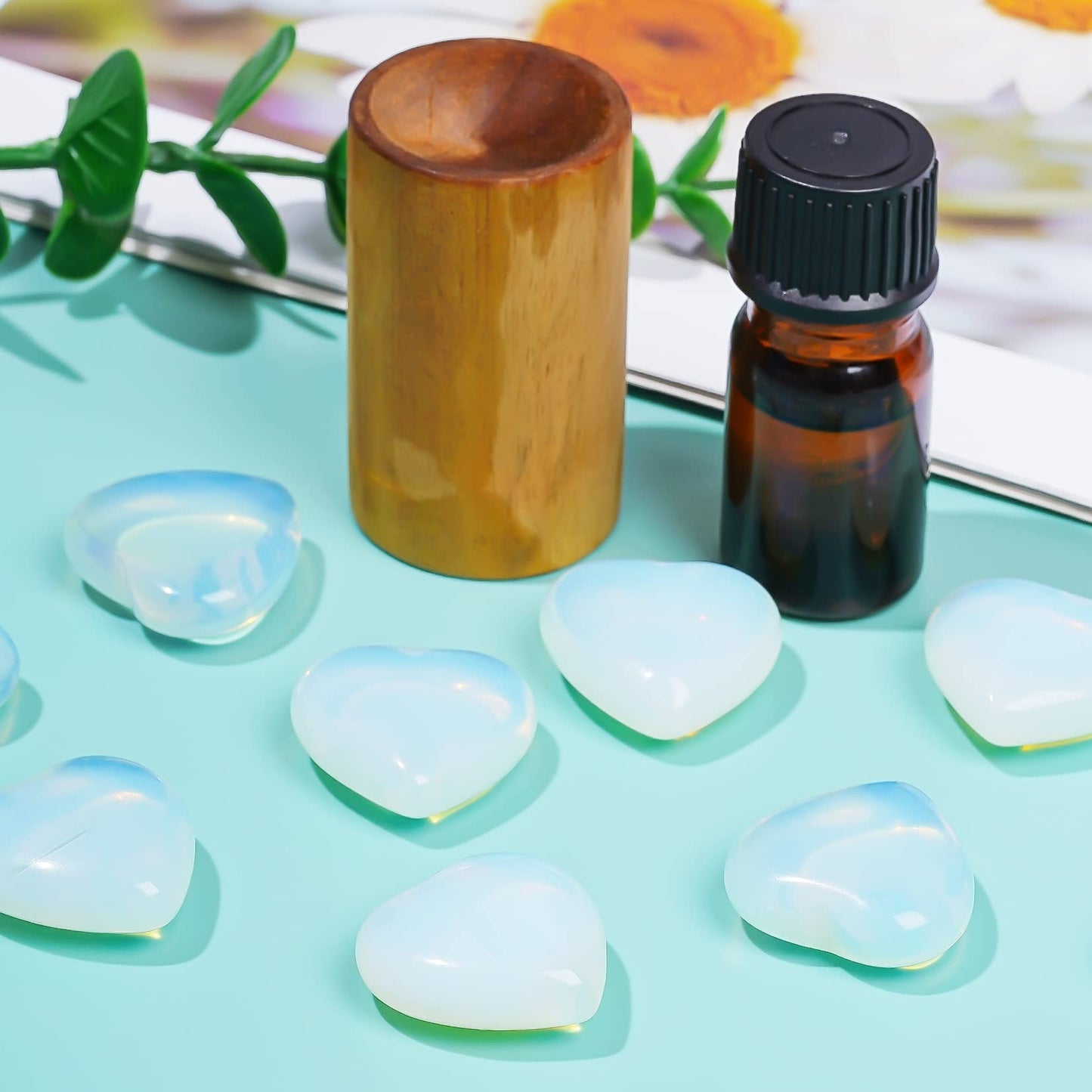 Marrywindix 10 Packs 1 Inch Healing Crystal Natural Opalite Heart Love Carved Palm Worry Stone Chakra Reiki Balancing