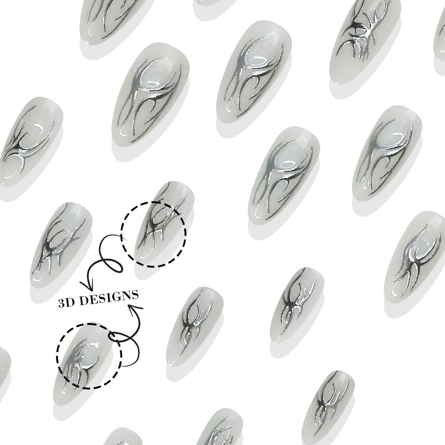 IMSOHOT White Press on Nails Medium Almond, Metallic Chrome Silver Totem Design, Full Cover Acrylic Glossy Gel Stick on Fake Nails Handmade Artificial False Nails 24Pcs
